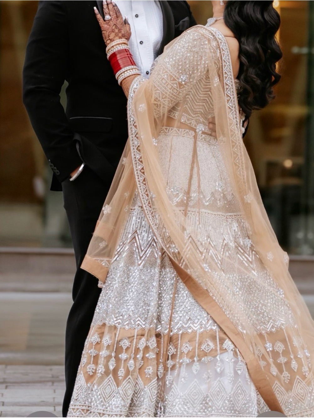 Beige Embellished Women's Lehenga Choli with Sheer Dupatta - reception day